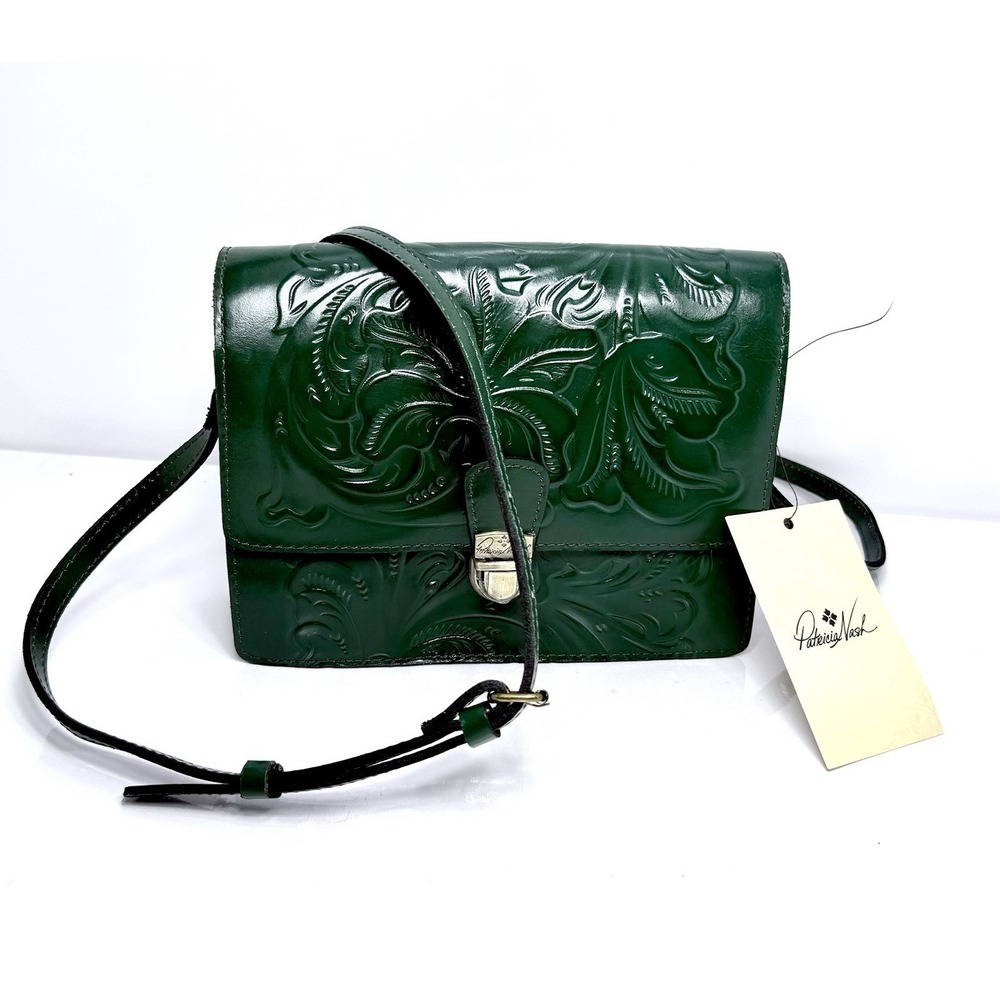 NWT Patricia Nash Lanza Tooled  Leather Crossbody Shoulder Bag, Green
